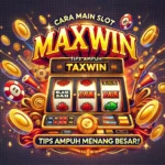 Banner Cara Main Slot Maxwin dengan desain kasino, mesin slot jackpot, dan koin emas berjatuhan
